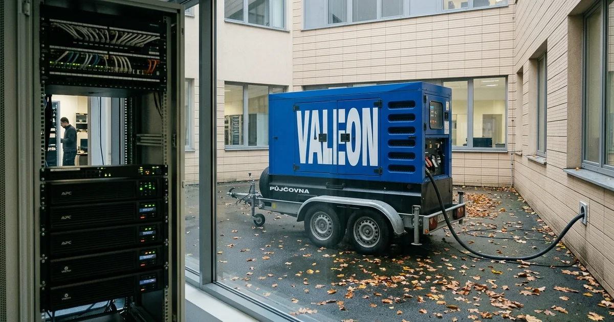 Malá serverovna s racky a UPS, za oknem na dvoře modrá kapotovaná elektrocentrála na přívěsu v chladném ránu
